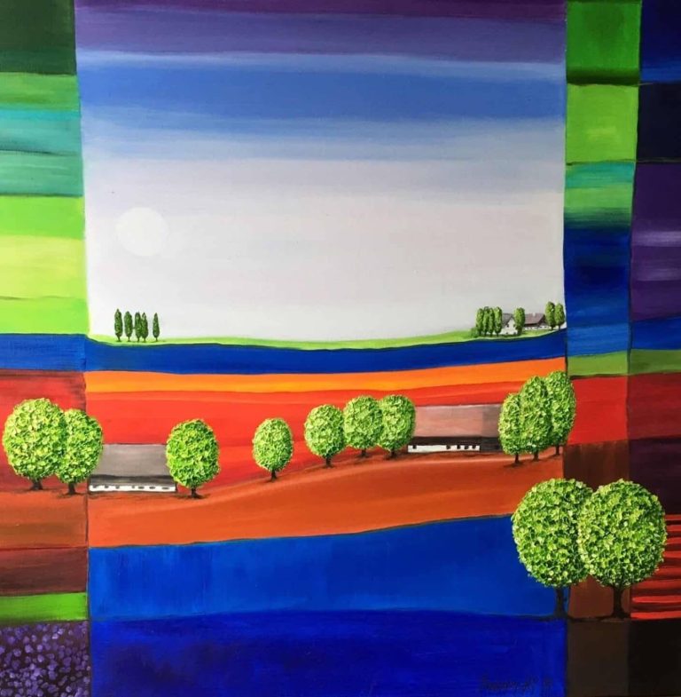 Farbenfrohe Landschaft mit kunstvollen Bäumen und einem Sonnenhimmel, abstrakte Flächen.